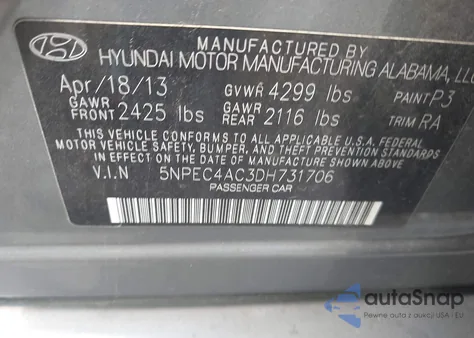 2013 Hyundai Sonata Se z USA, uszkodzony, nr VIN 5NPEC4AC3DH731706